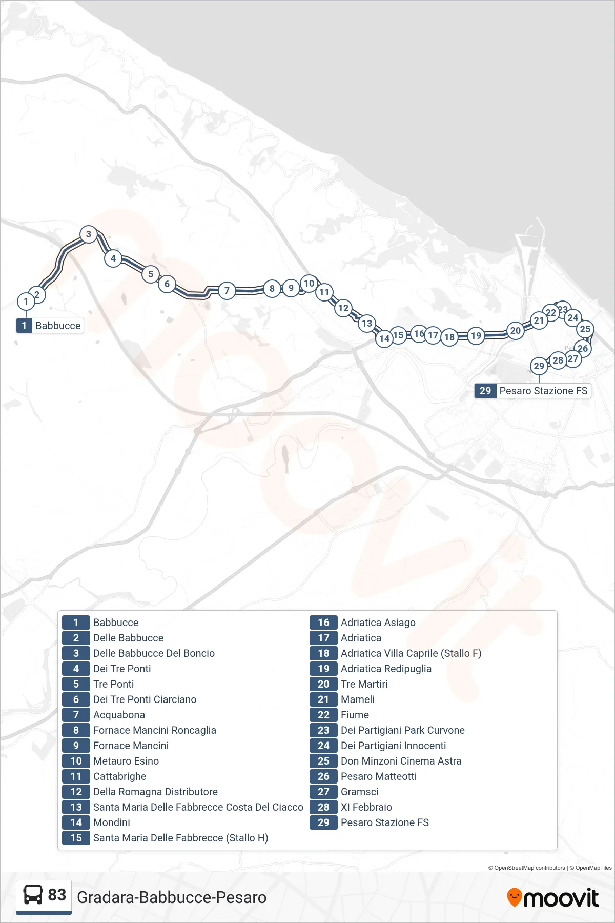 Linea 83 bus (Pesaro Stazione Ff.Ss.) - Percorsi e fermate sulla mappa
