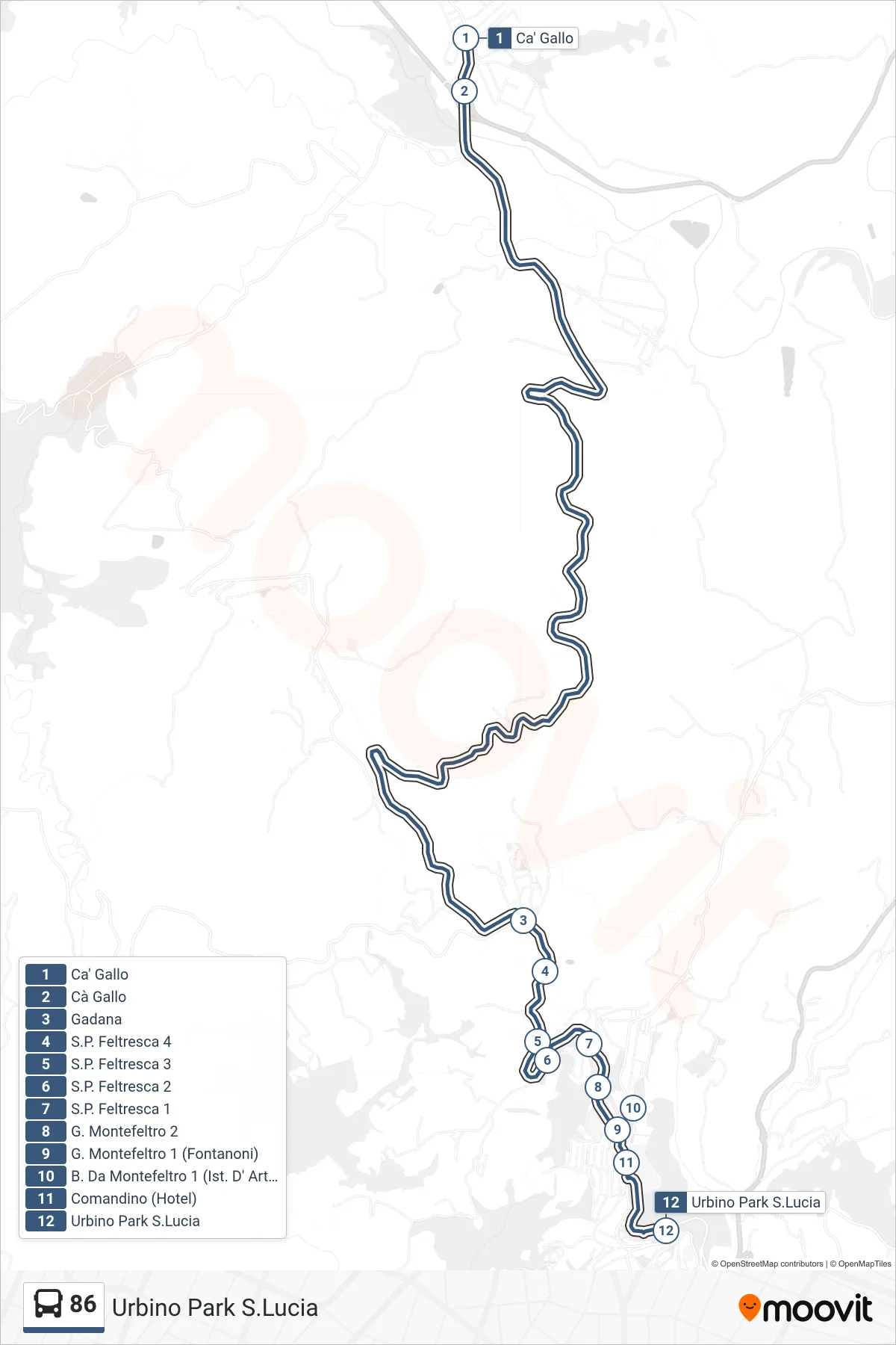 Linea 86 bus (Urbino Park S.Lucia) - Percorsi e fermate sulla mappa