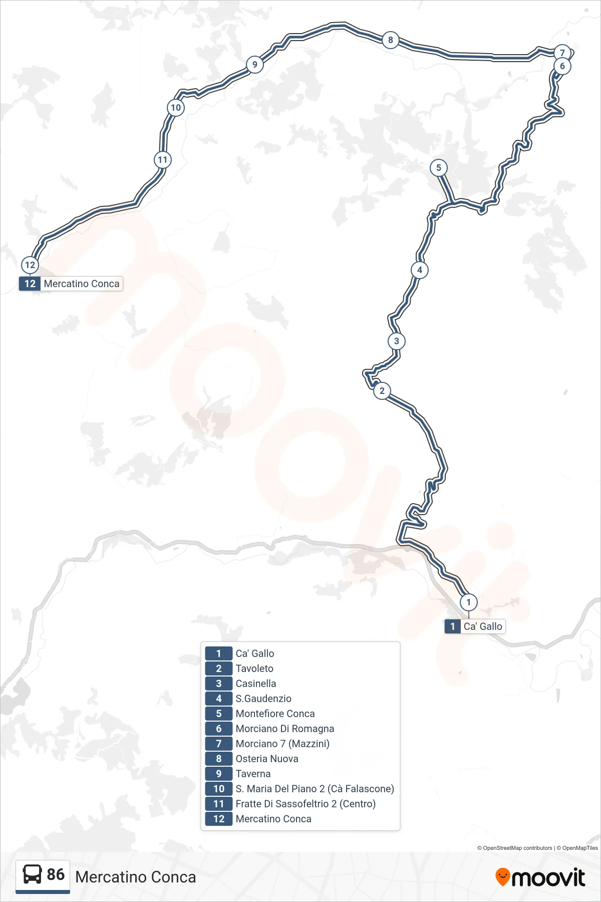 Linea 86  bus (Mercatino Conca) - Percorsi e fermate sulla mappa