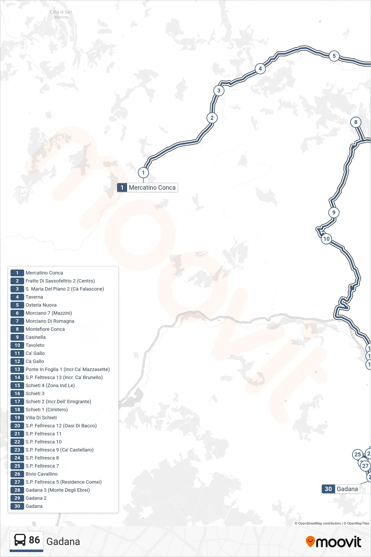 86 bus Line (Gadana) route and stops on a map