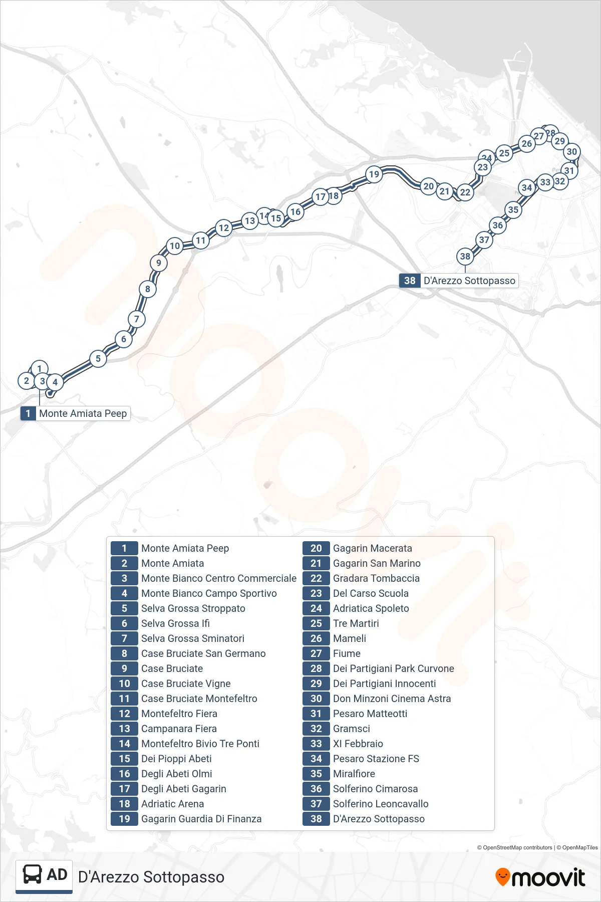 AD bus Line (D'Arezzo Underpass) route and stops on a map