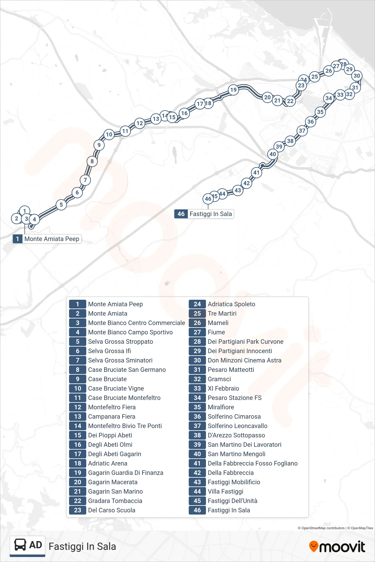 AD bus Line (Fastiggi In Sala) route and stops on a map