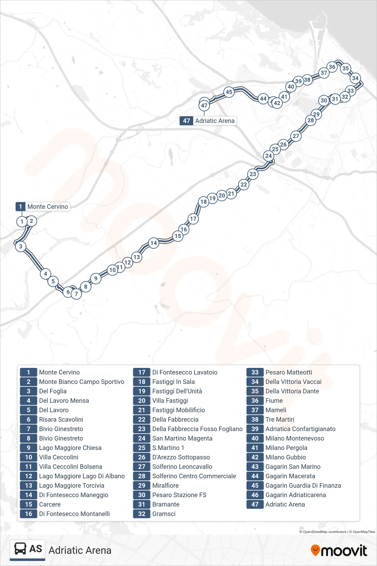 AS bus Line (Adriatic Arena) route and stops on a map