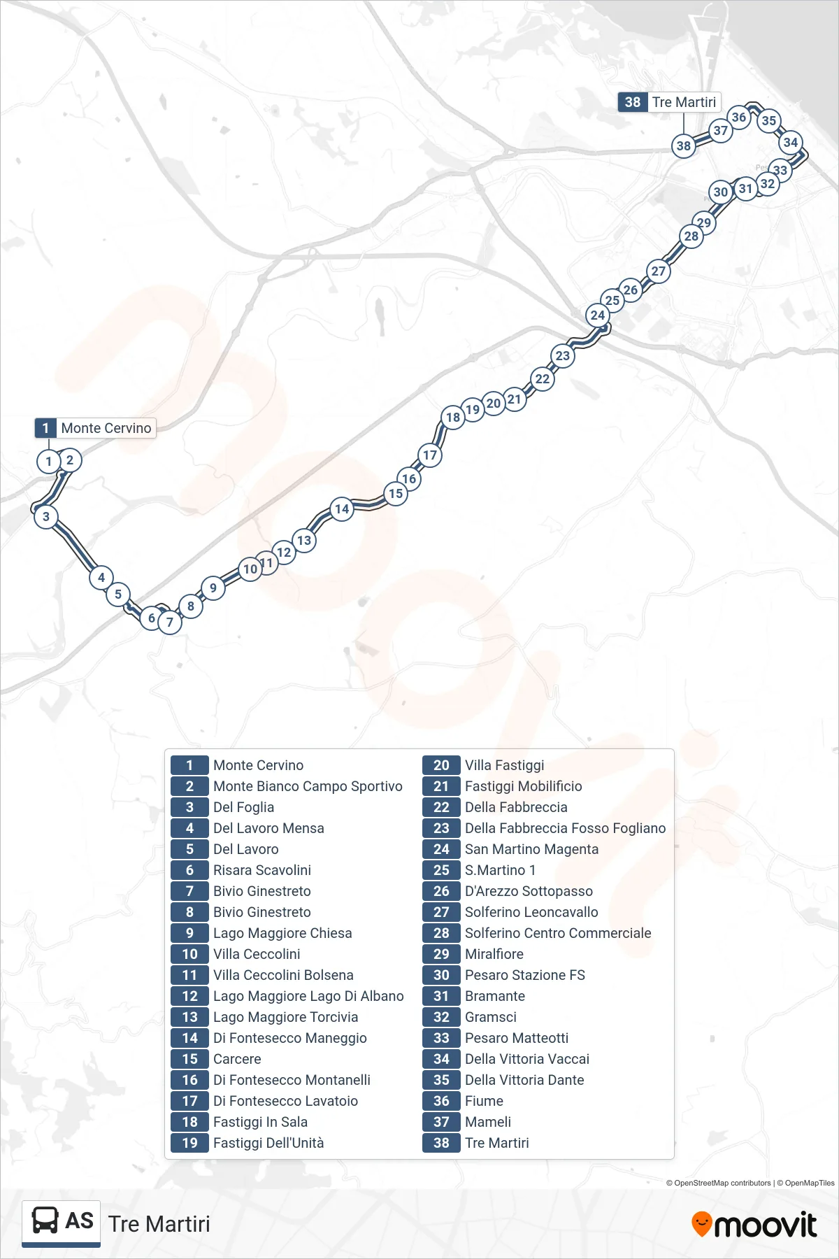 Linea AS bus (Tre Martiri) - Percorsi e fermate sulla mappa
