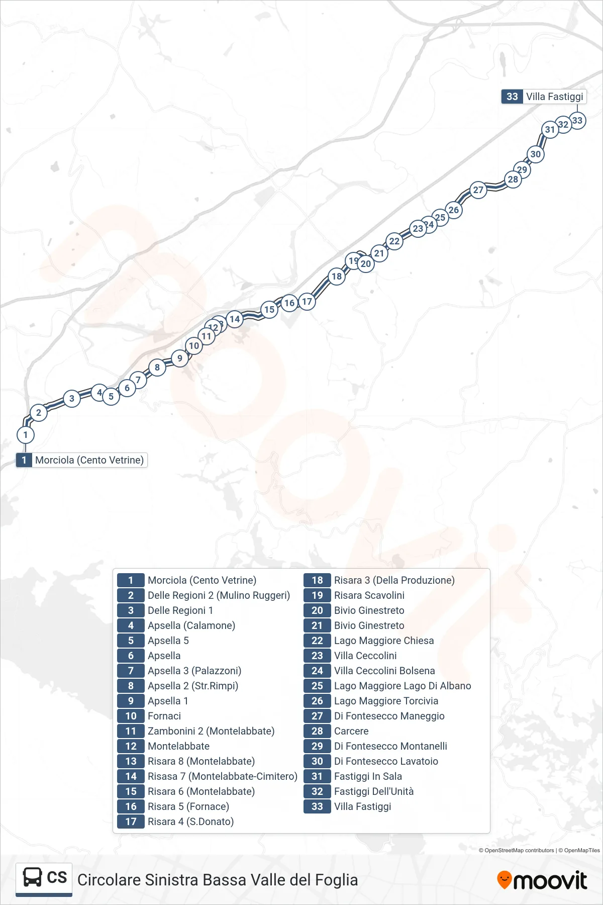 Linea CS bus (Villa Fastiggi) - Percorsi e fermate sulla mappa