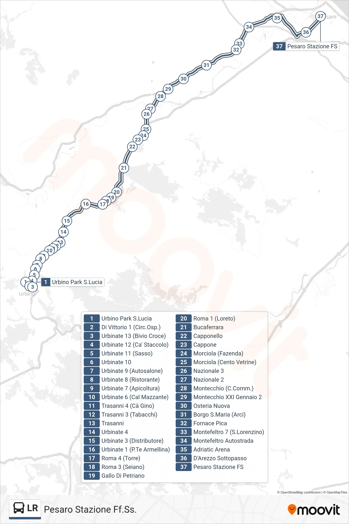 Linea LR bus (Pesaro Stazione Ff.Ss.) - Percorsi e fermate sulla mappa