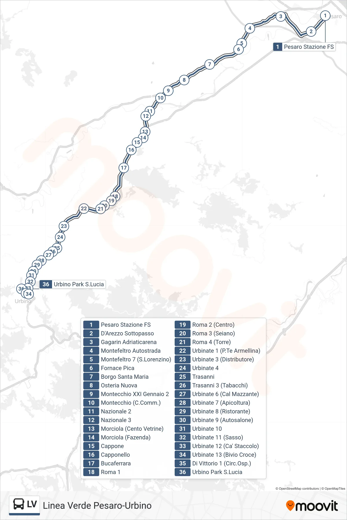 Linea LV  bus (Urbino Park S.Lucia) - Percorsi e fermate sulla mappa