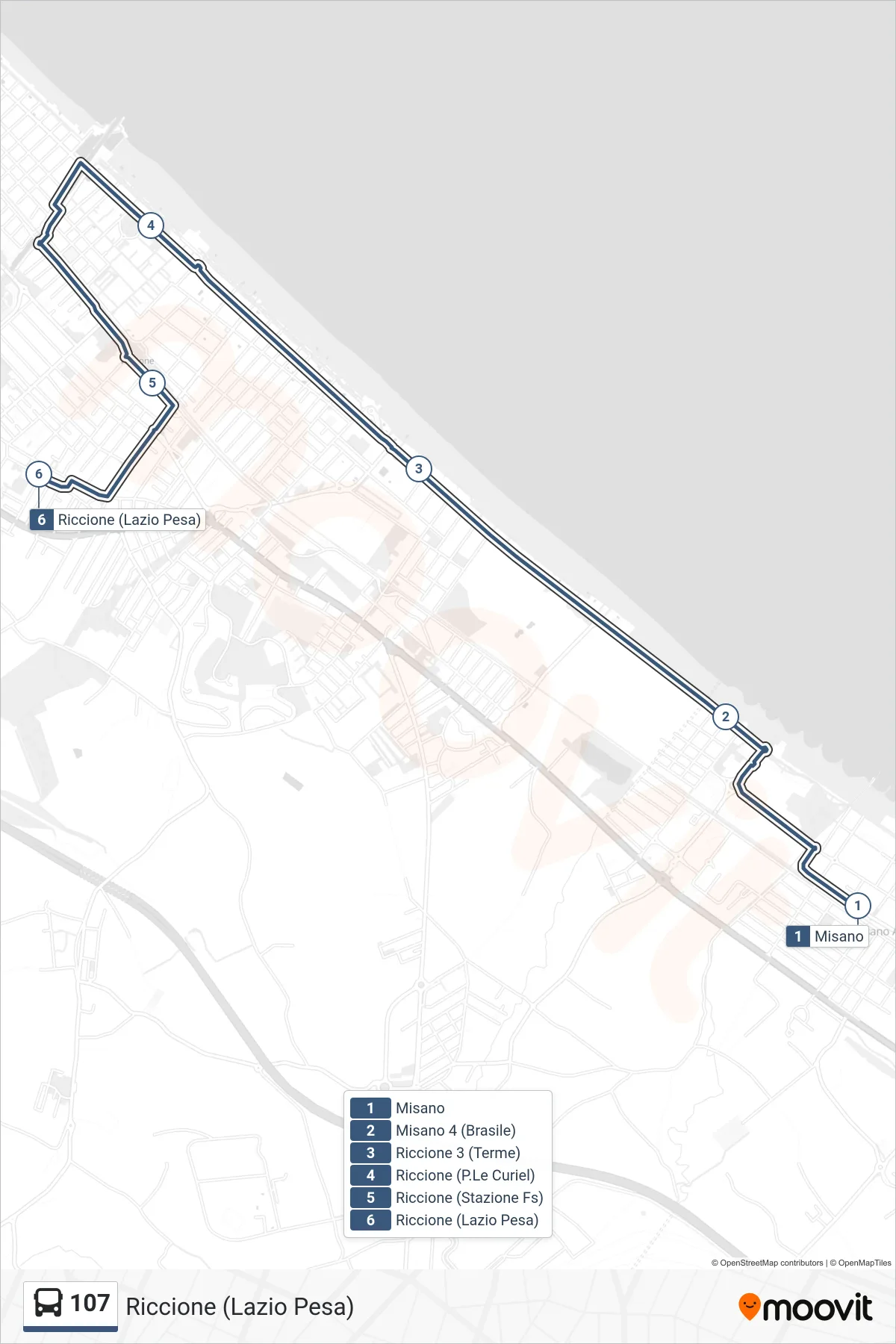 Linea 107 bus (Riccione (Lazio Pesa)) - Percorsi e fermate sulla mappa