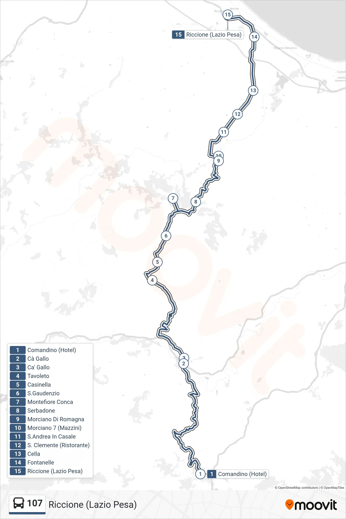 Linea 107 bus (Riccione (Lazio Pesa)) - Percorsi e fermate sulla mappa