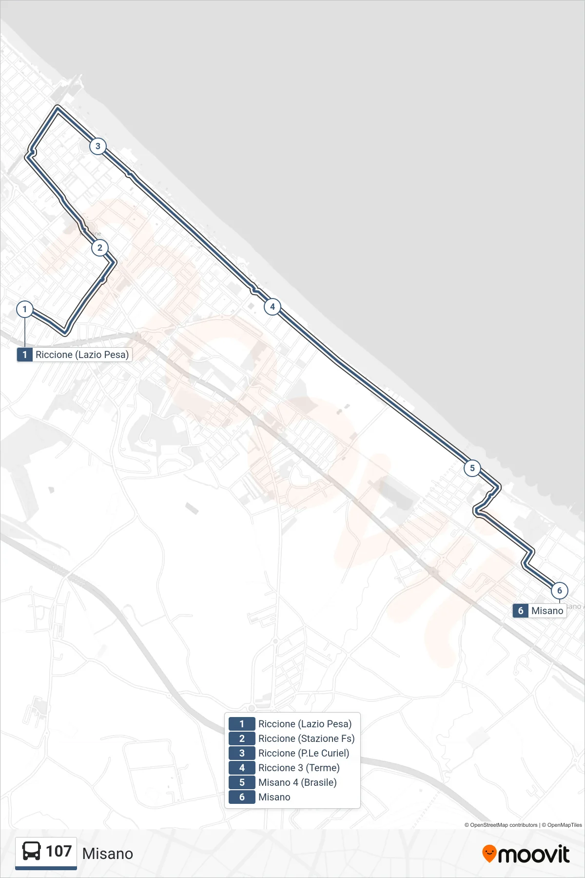 Linea 107 bus (Misano) - Percorsi e fermate sulla mappa