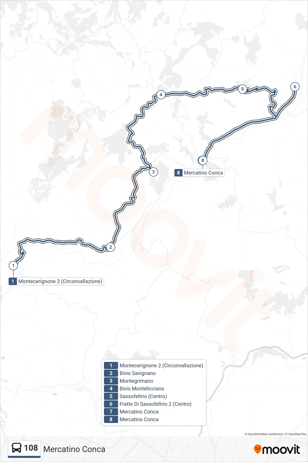 Linea 108 bus (Mercatino Conca) - Percorsi e fermate sulla mappa
