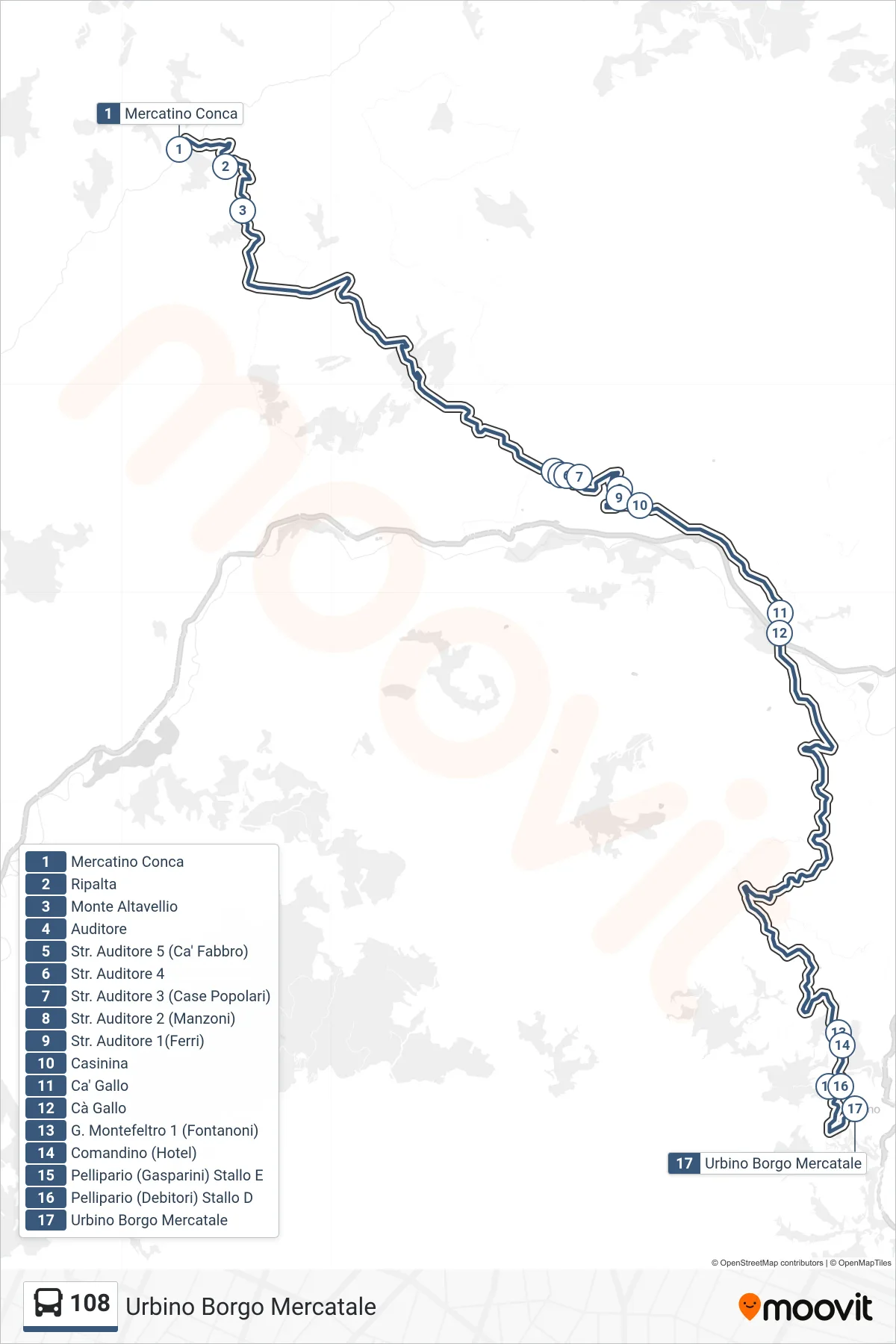 Linea 108 bus (Urbino Borgo Mercatale) - Percorsi e fermate sulla mappa
