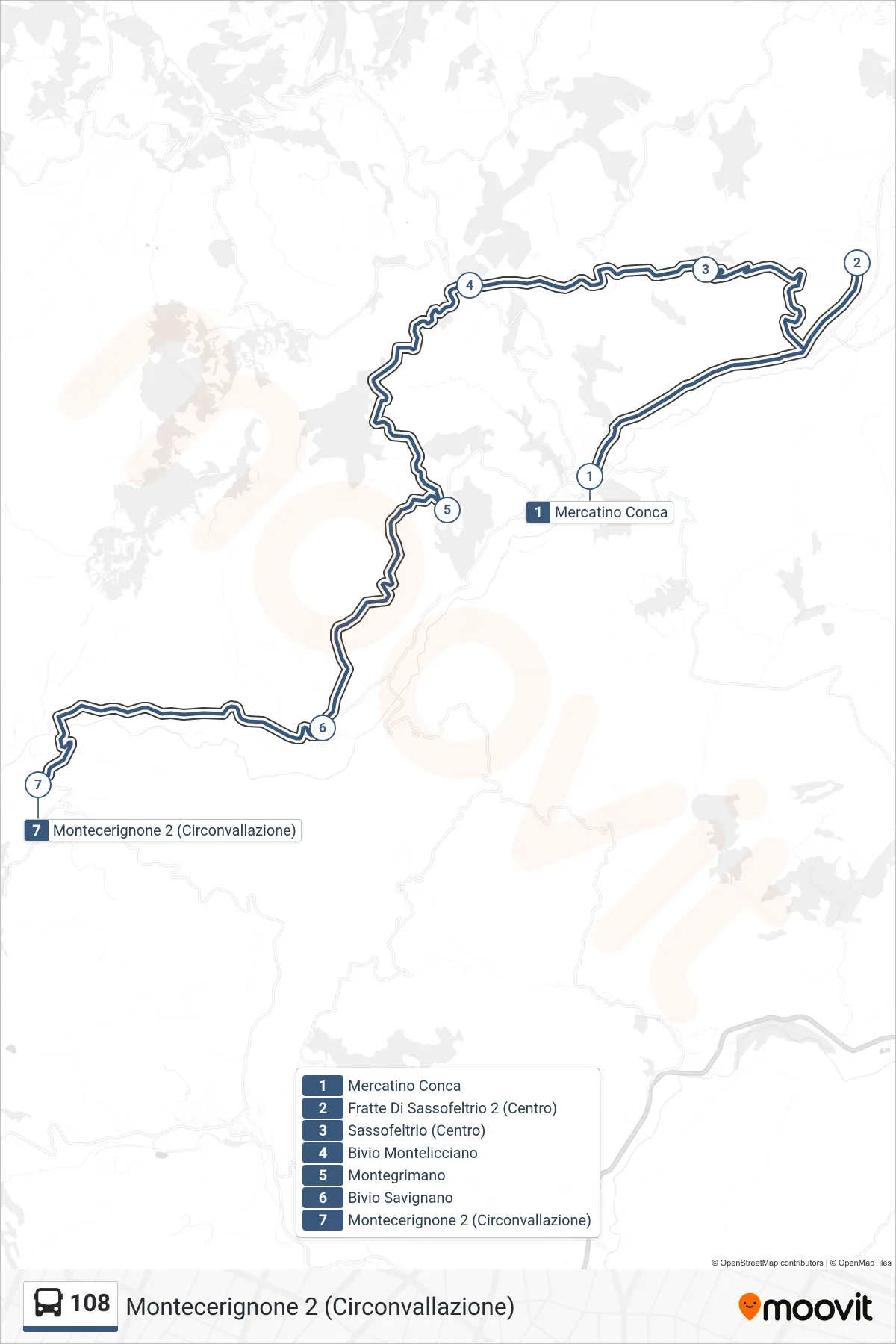 Linea 108 bus (Montecerignone 2 (Circonvallazione)) - Percorsi e fermate sulla mappa