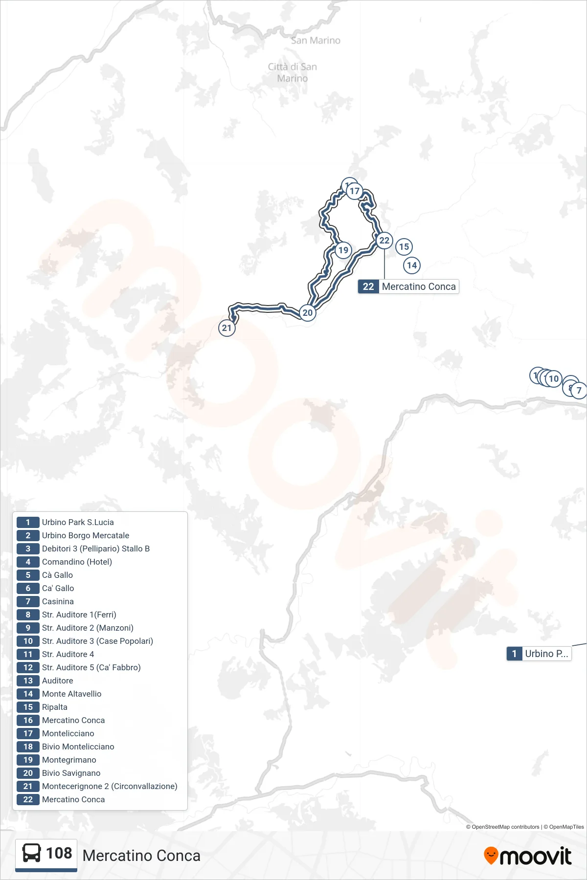 108 bus Line (Mercatino Conca) route and stops on a map