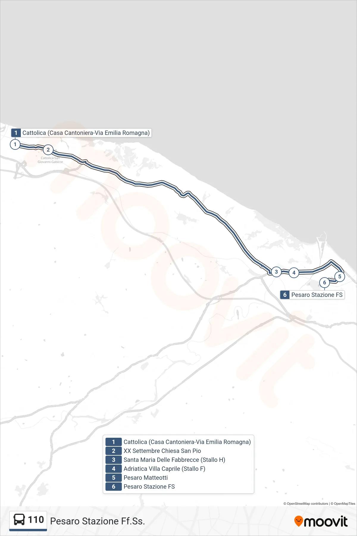 Linea 110 bus (Pesaro Stazione Ff.Ss.) - Percorsi e fermate sulla mappa