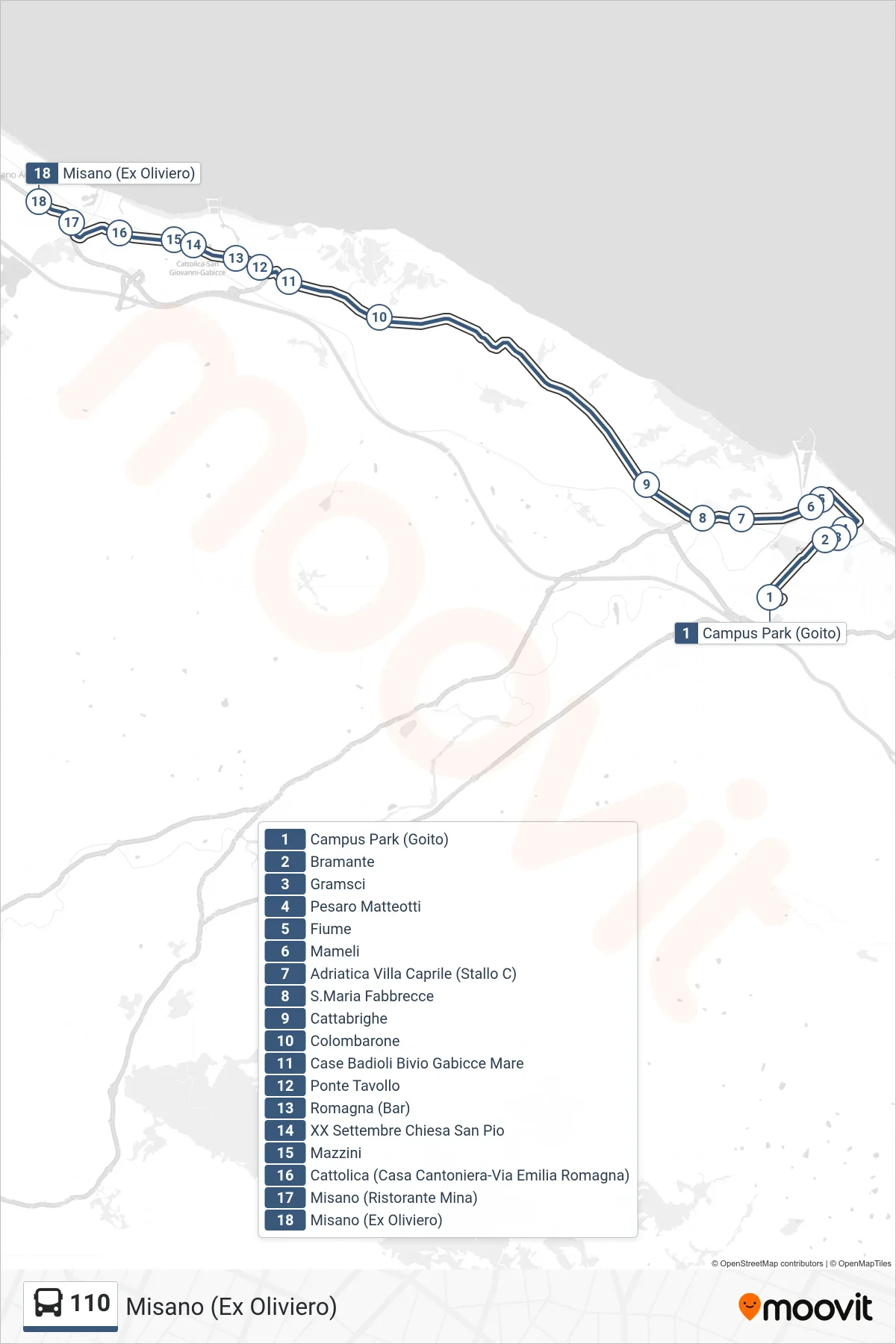 Linea 110 bus (Misano (Ex Oliviero)) - Percorsi e fermate sulla mappa