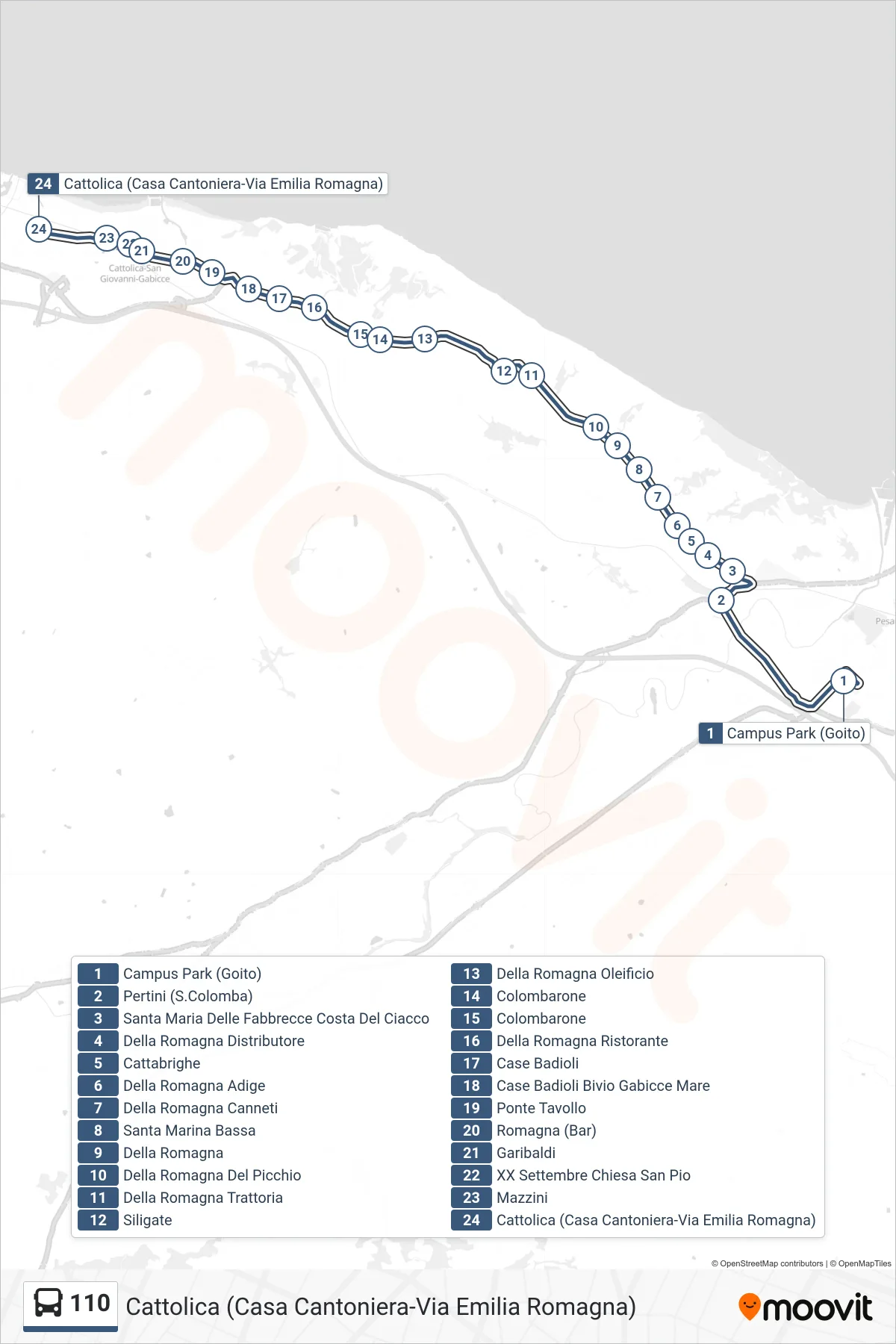 Linea 110 bus (Cattolica (Casa Cantoniera-Via Emilia Romagna)) - Percorsi e fermate sulla mappa
