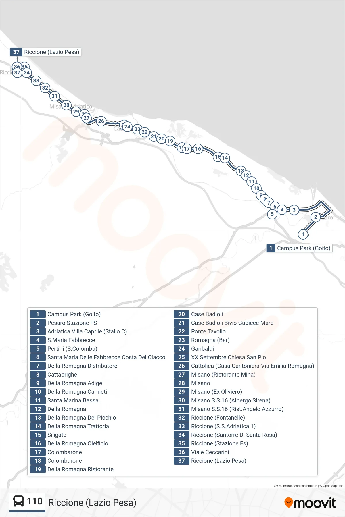 Linea 110 bus (Riccione (Lazio Pesa)) - Percorsi e fermate sulla mappa