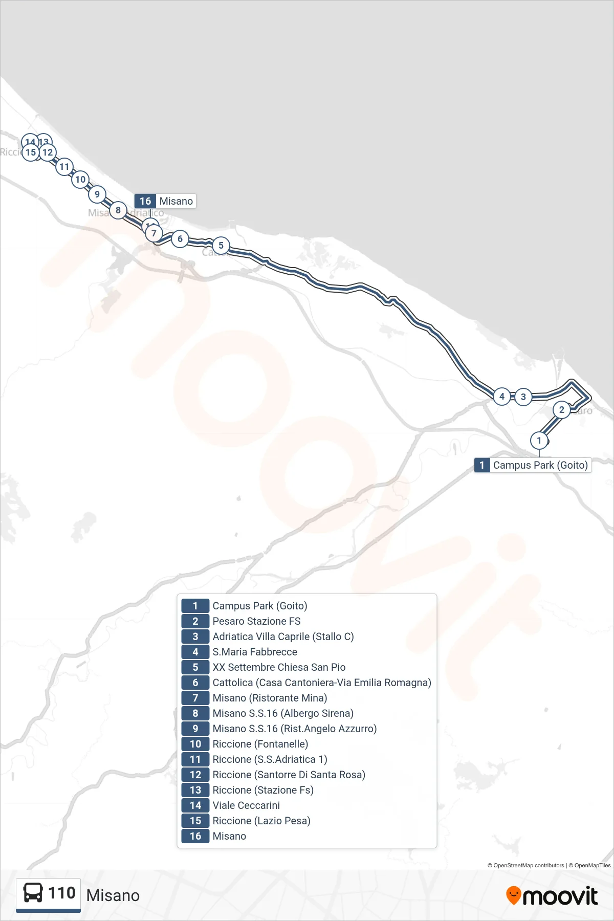 Linea 110 bus (Misano) - Percorsi e fermate sulla mappa