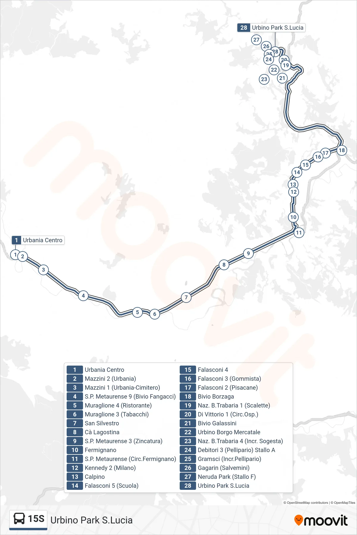 Linea 15S  bus (Urbino Park S.Lucia) - Percorsi e fermate sulla mappa