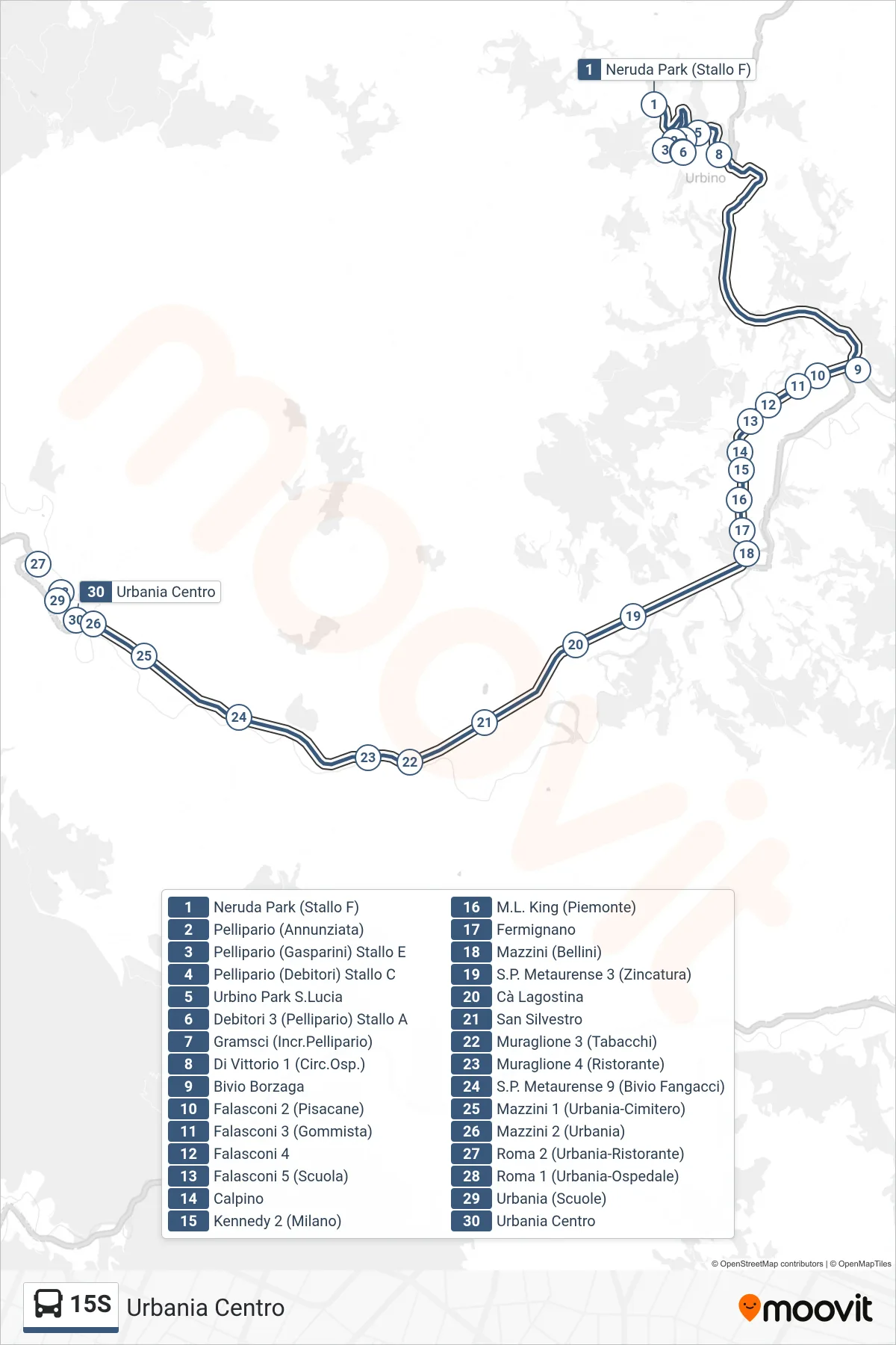 Linea 15S bus (Urbania Centro) - Percorsi e fermate sulla mappa