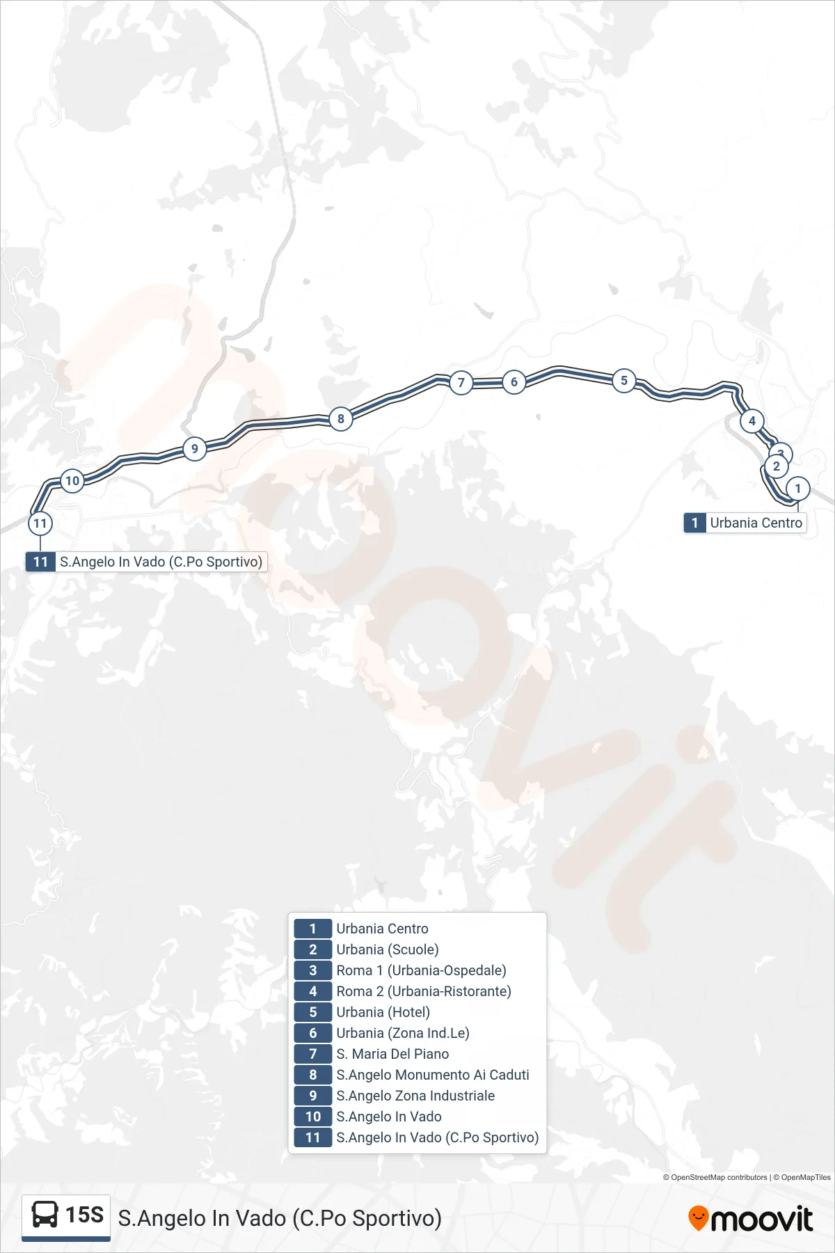 Linea 15S bus (S.Angelo In Vado (C.Po Sportivo)) - Percorsi e fermate sulla mappa
