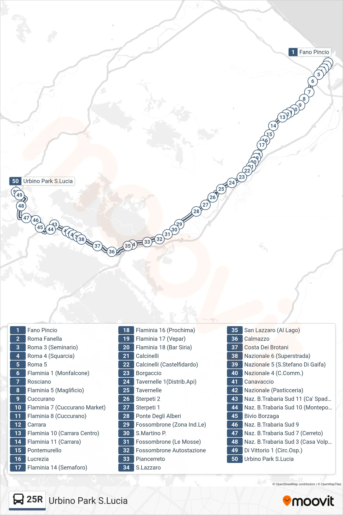 Linea 25R bus (Urbino Park S.Lucia) - Percorsi e fermate sulla mappa