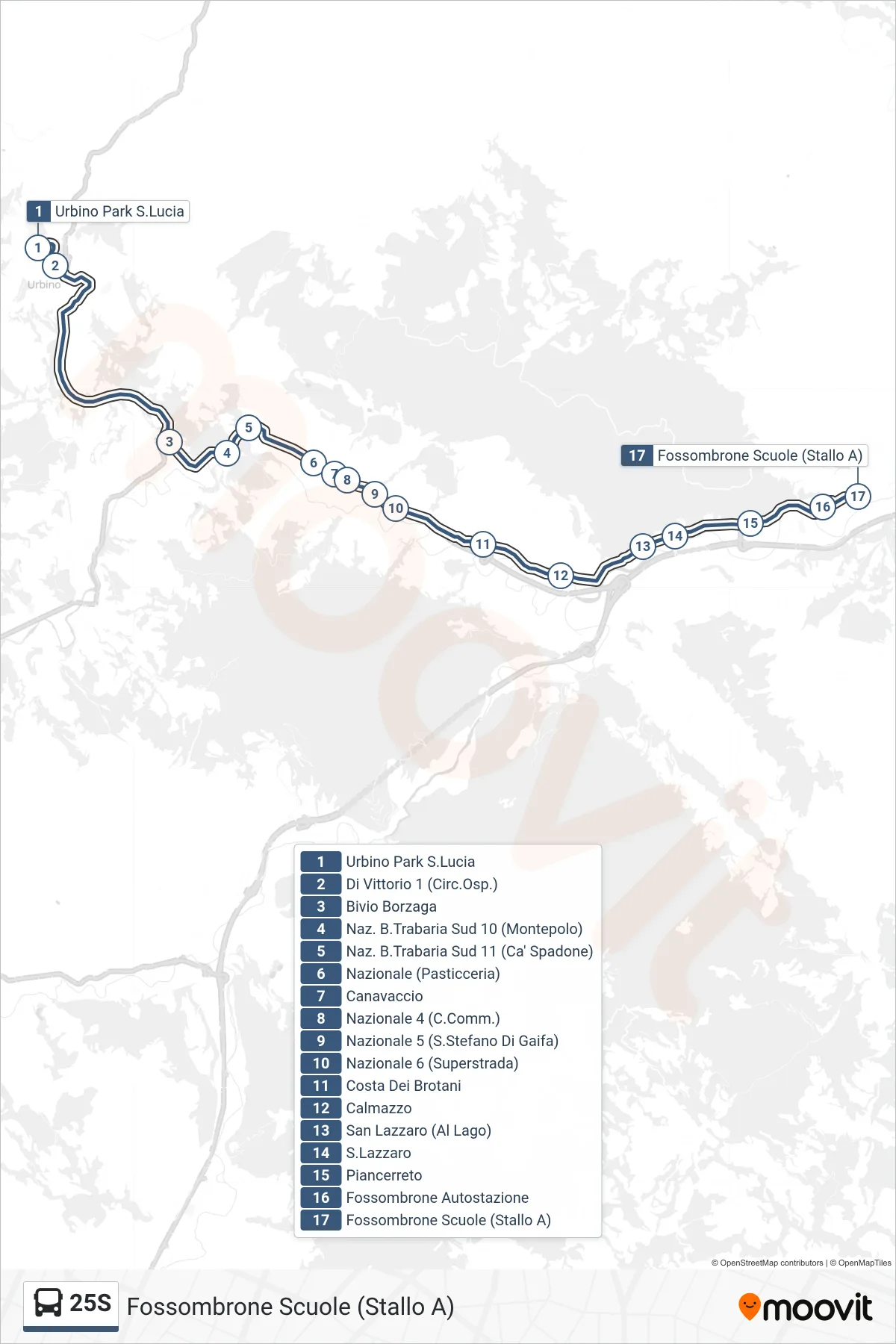 Linea 25S  bus (Fossombrone Scuole (Stallo A)) - Percorsi e fermate sulla mappa