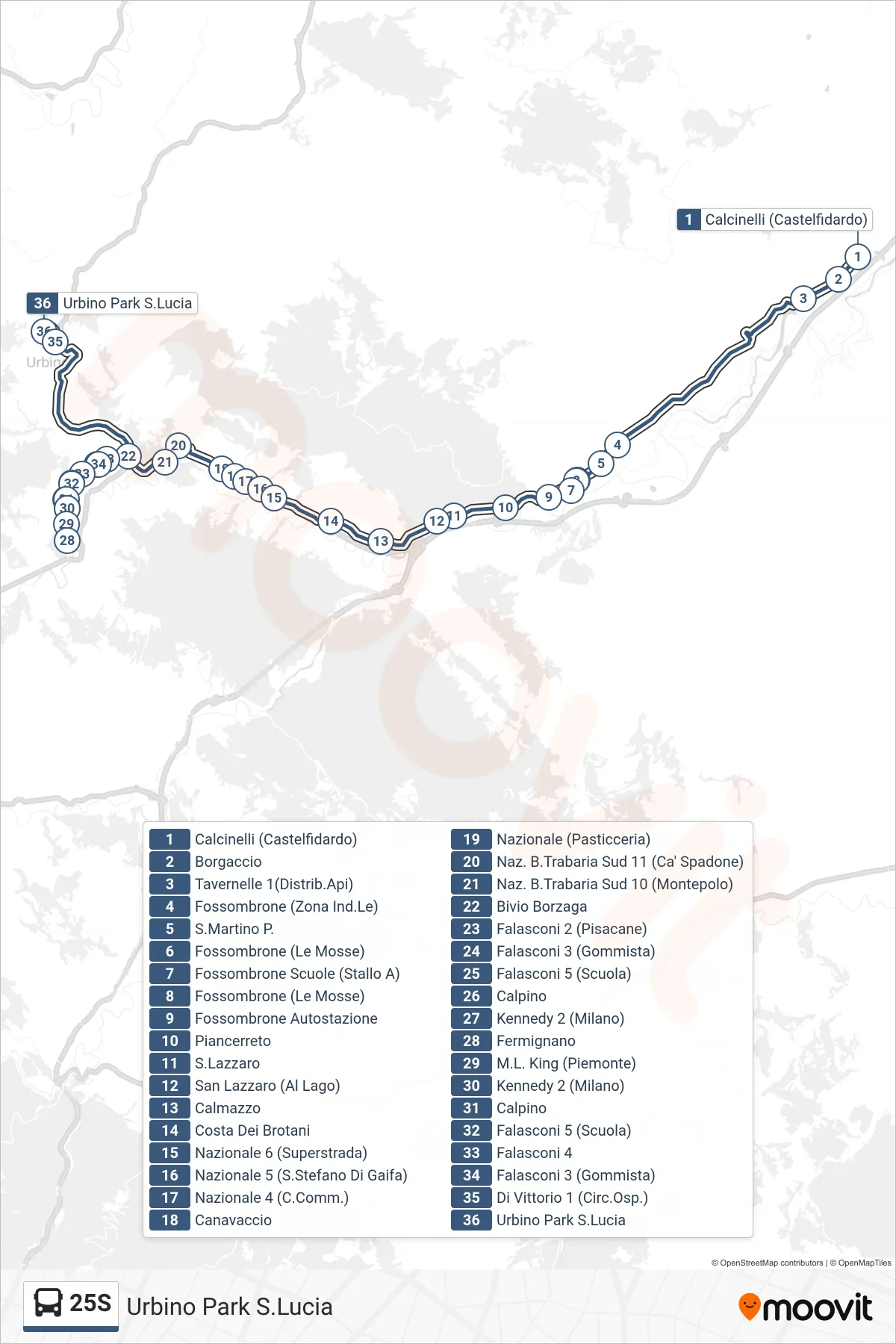 Linea 25S bus (Urbino Park S.Lucia) - Percorsi e fermate sulla mappa