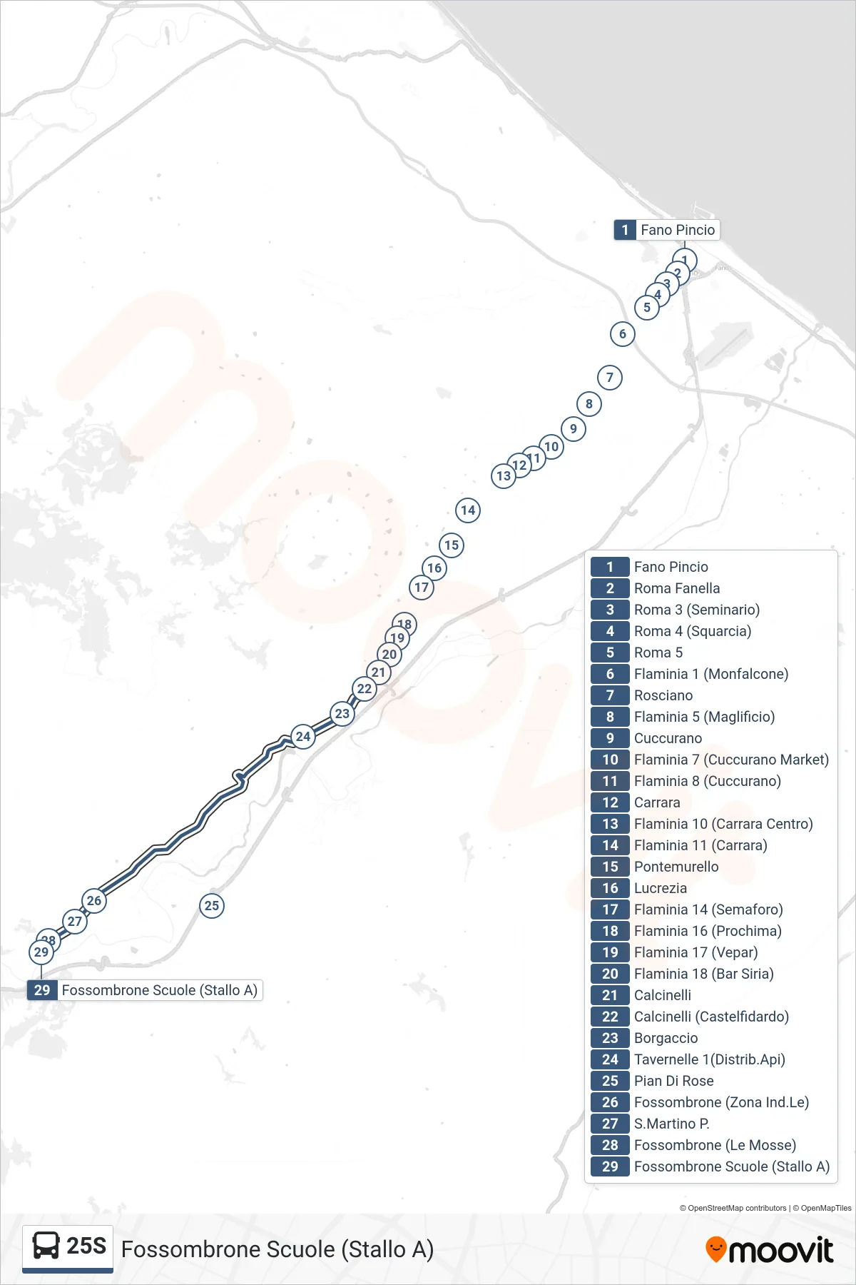 Linea 25S bus (Fossombrone Scuole (Stallo A)) - Percorsi e fermate sulla mappa