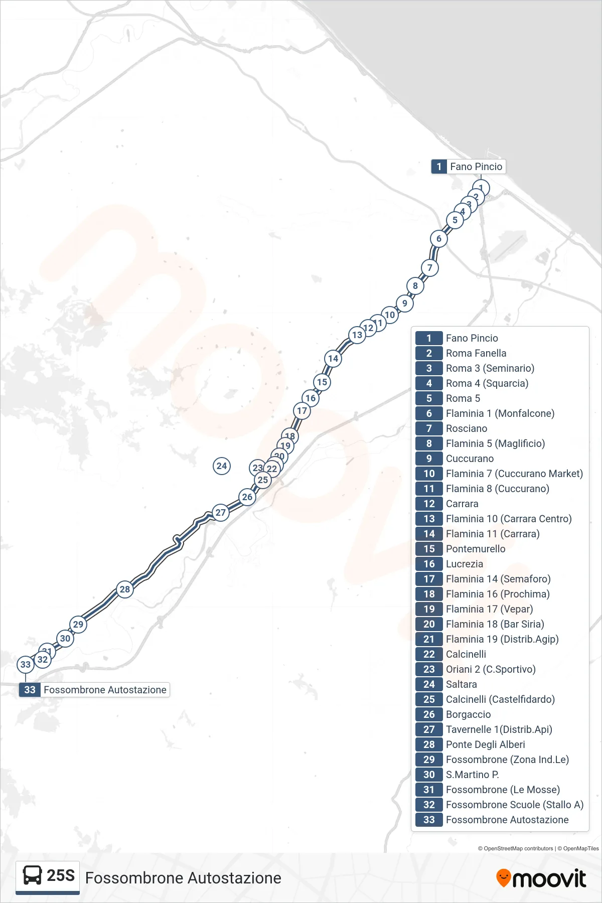 Linea 25S bus (Fossombrone Autostazione) - Percorsi e fermate sulla mappa