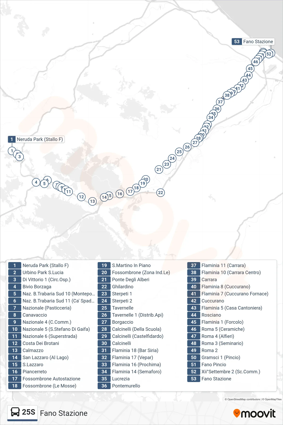 Linea 25S  bus (Fano Stazione) - Percorsi e fermate sulla mappa