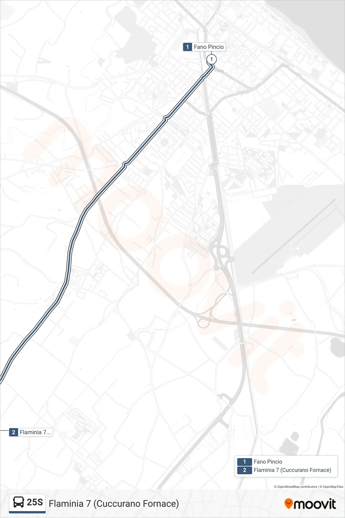 Linea 25S  bus (Flaminia 7 (Cuccurano Fornace)) - Percorsi e fermate sulla mappa