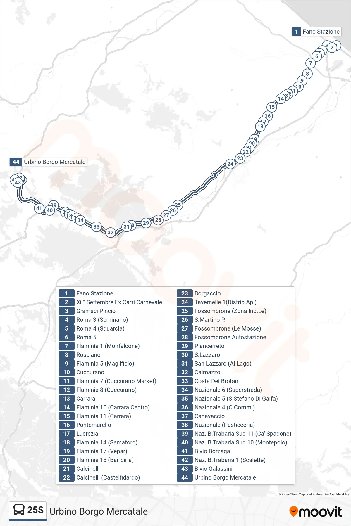 Linea 25S  bus (Urbino Borgo Mercatale) - Percorsi e fermate sulla mappa