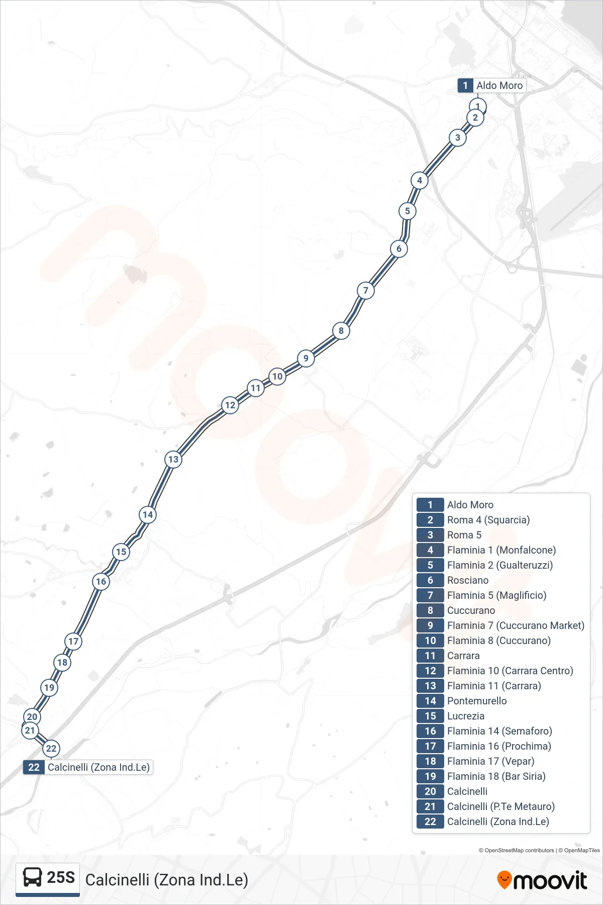 Linea 25S  bus (Calcinelli (Zona Ind.Le)) - Percorsi e fermate sulla mappa
