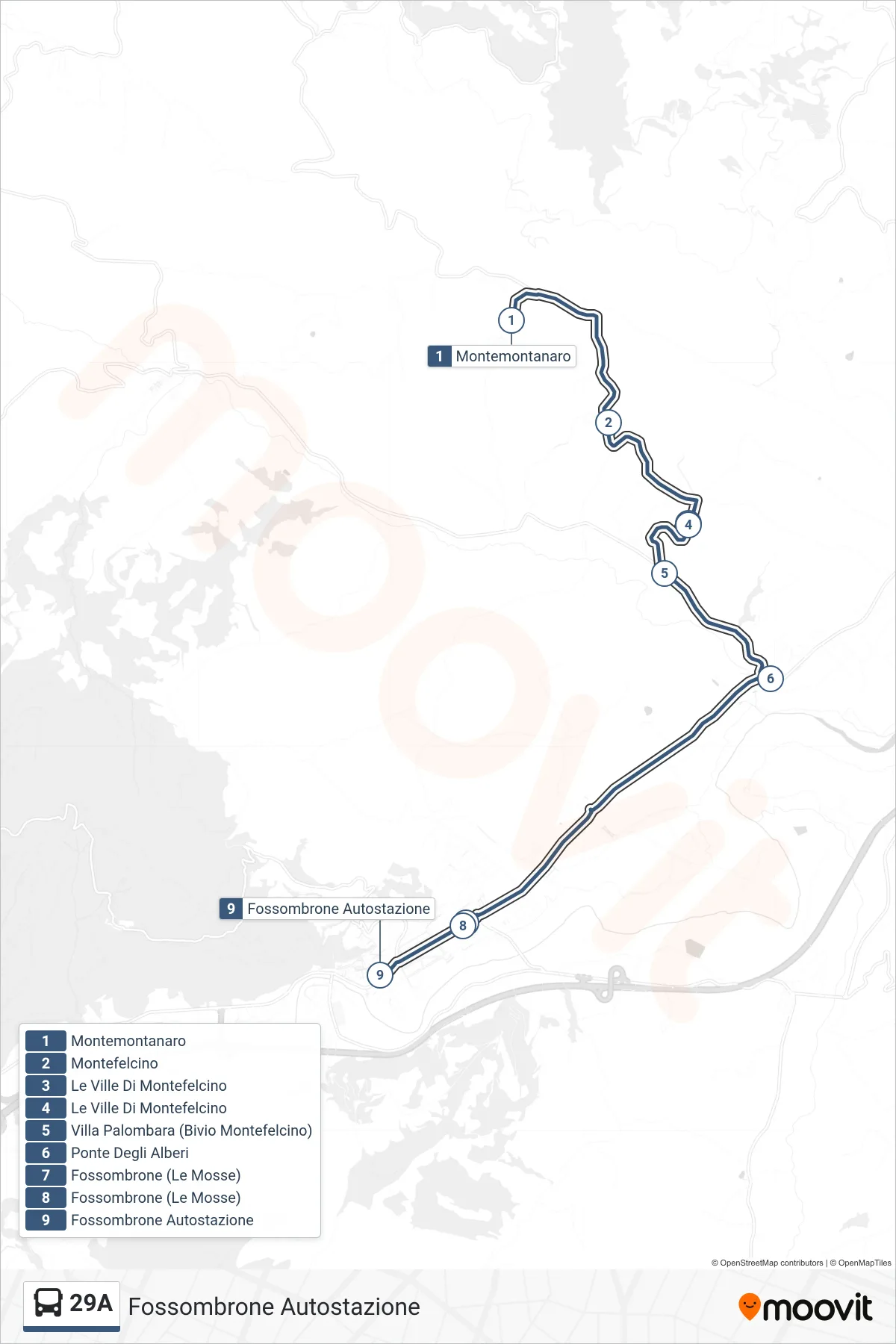 Linea 29A bus (Fossombrone Autostazione) - Percorsi e fermate sulla mappa