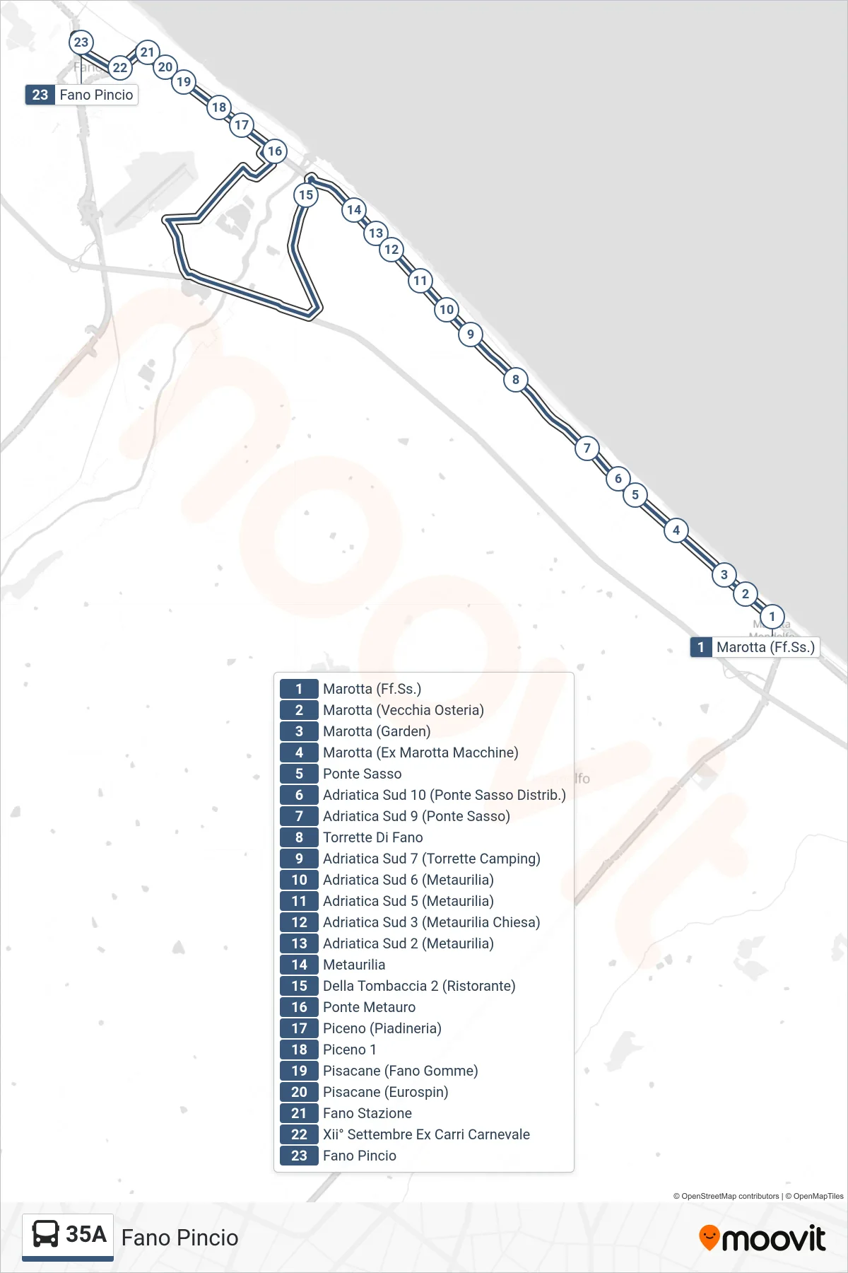 Linea 35A bus (Fano Pincio) - Percorsi e fermate sulla mappa