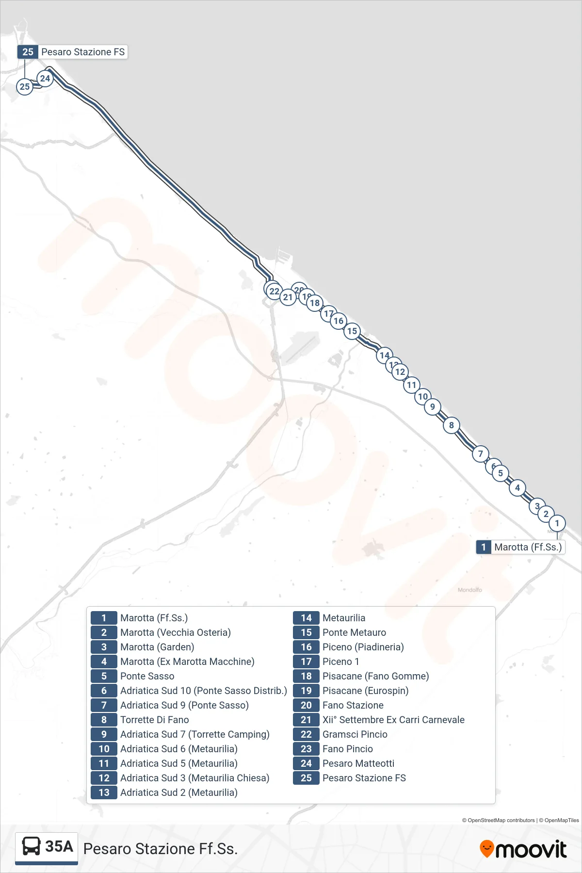 Linea 35A  bus (Pesaro Stazione Ff.Ss.) - Percorsi e fermate sulla mappa