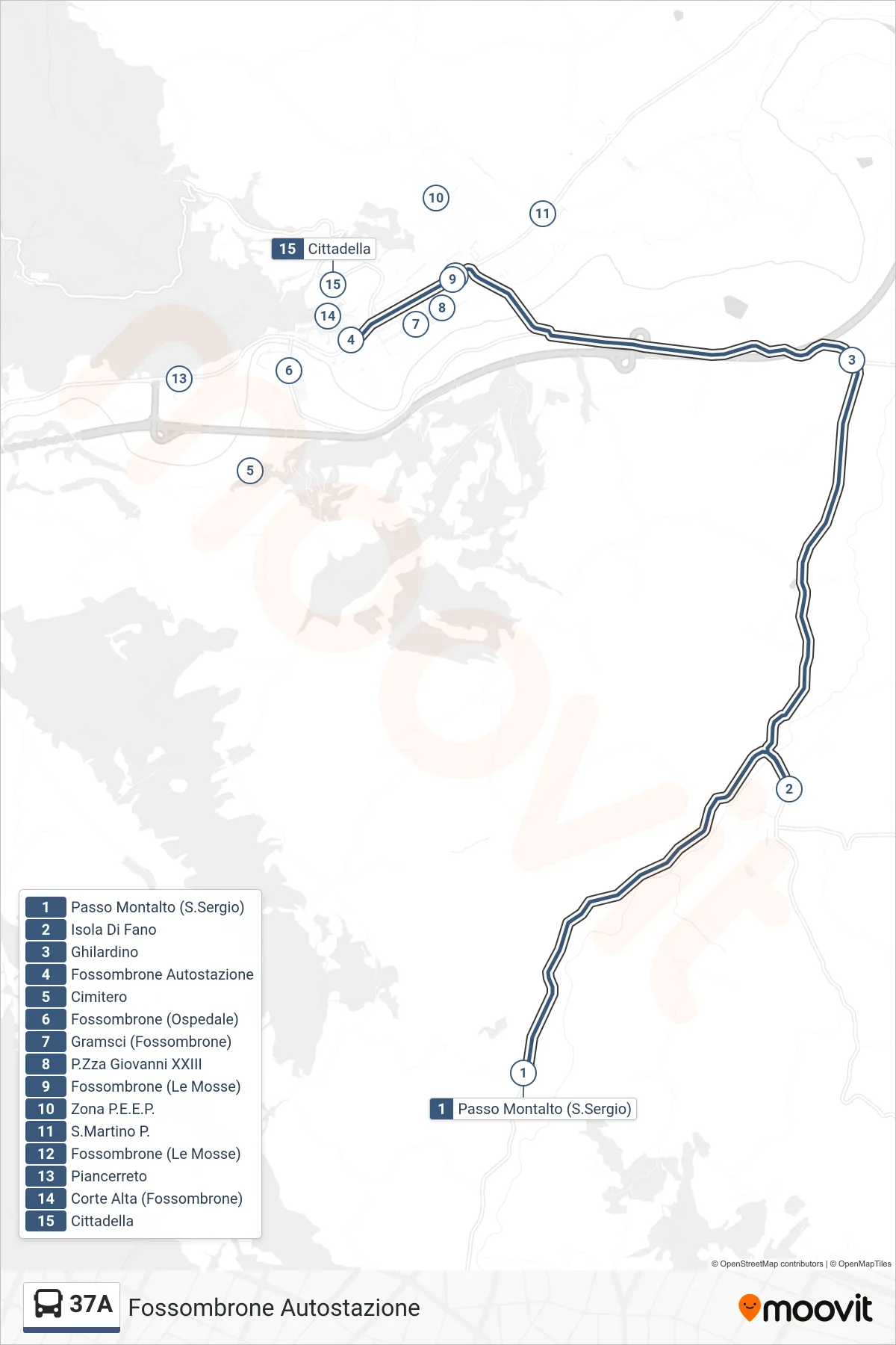 Linea 37A  bus (Fossombrone Autostazione) - Percorsi e fermate sulla mappa