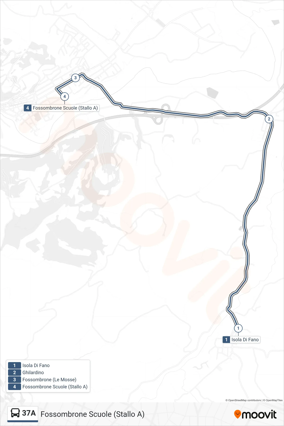 Linea 37A bus (Fossombrone Scuole (Stallo A)) - Percorsi e fermate sulla mappa