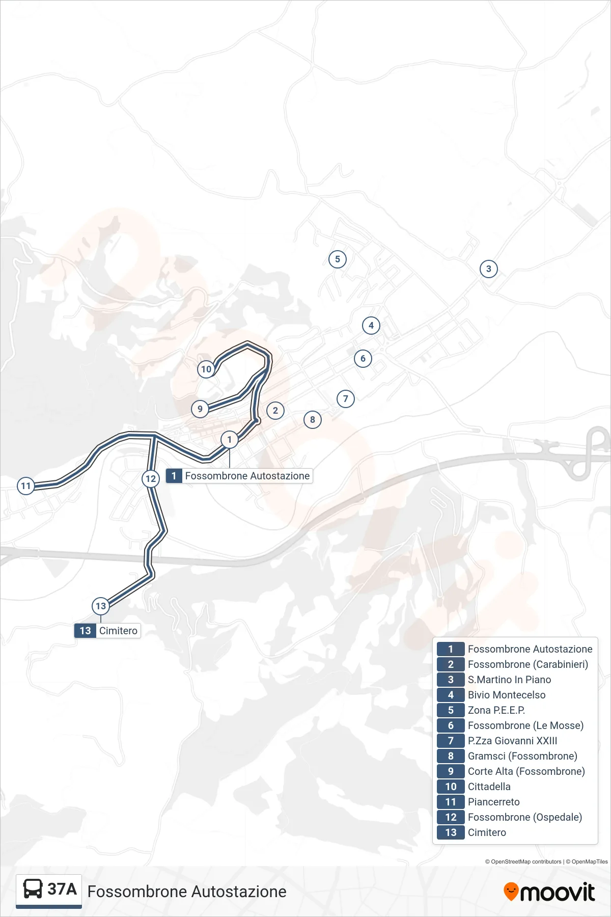 Linea 37A bus (Fossombrone Autostazione) - Percorsi e fermate sulla mappa