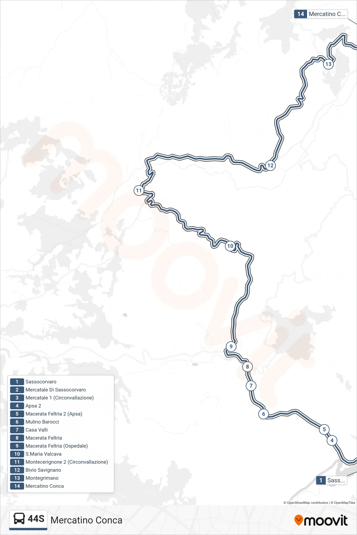 Linea 44S  bus (Mercatino Conca) - Percorsi e fermate sulla mappa