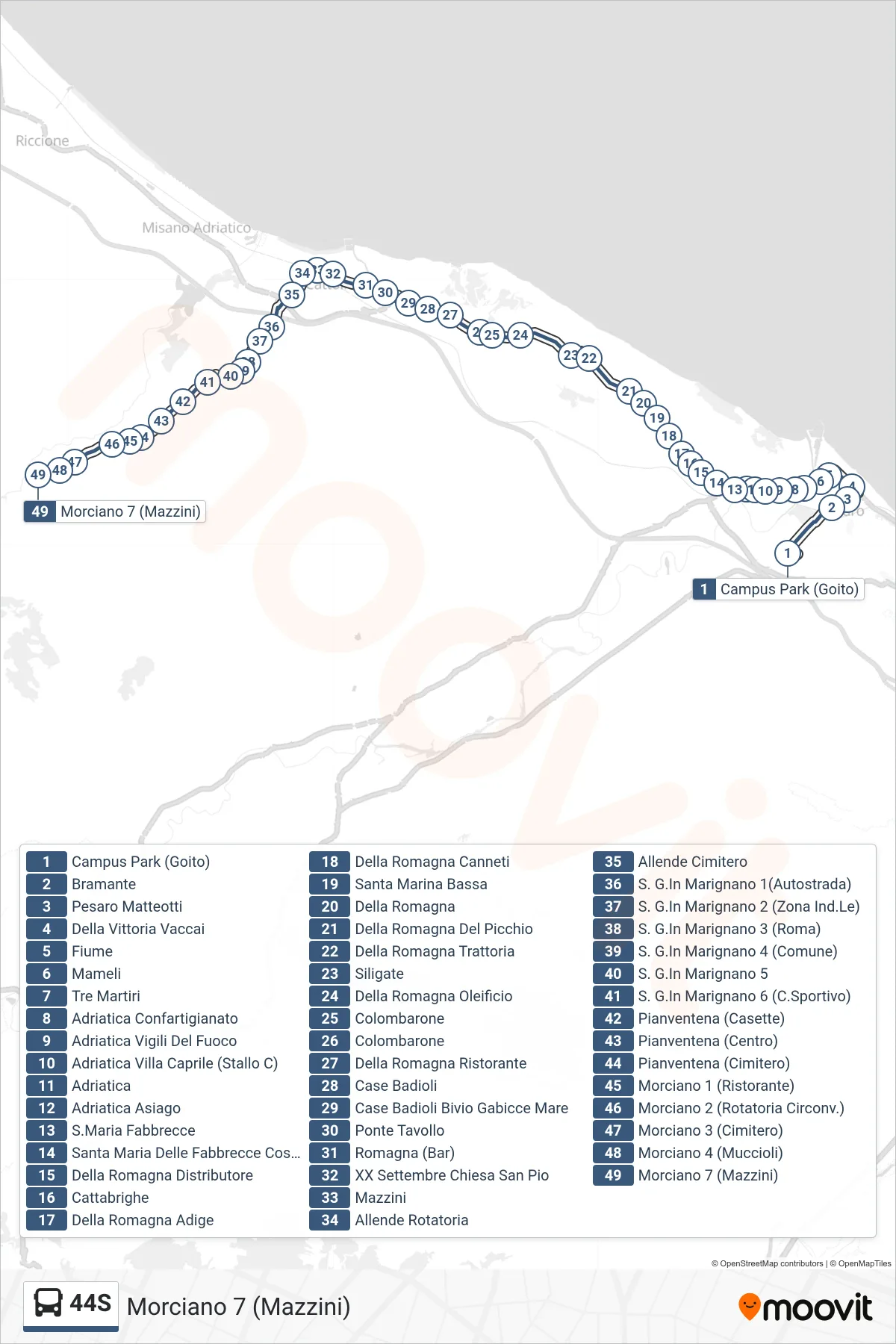 Linea 44S bus (Morciano 7 (Mazzini)) - Percorsi e fermate sulla mappa