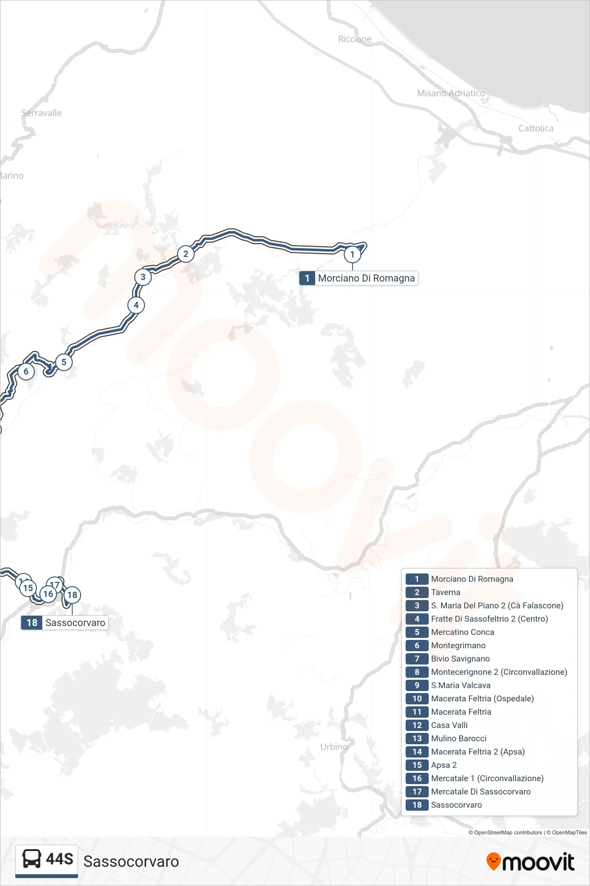 Linea 44S bus (Sassocorvaro) - Percorsi e fermate sulla mappa