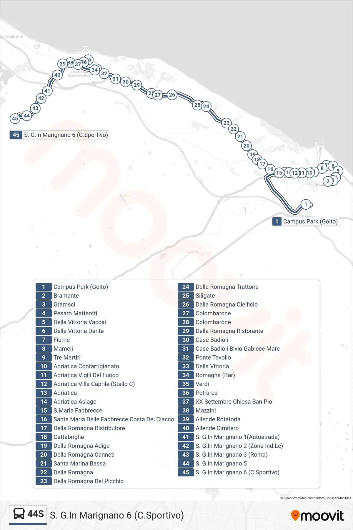 Linea 44S  bus (S. G.In Marignano 6 (C.Sportivo)) - Percorsi e fermate sulla mappa