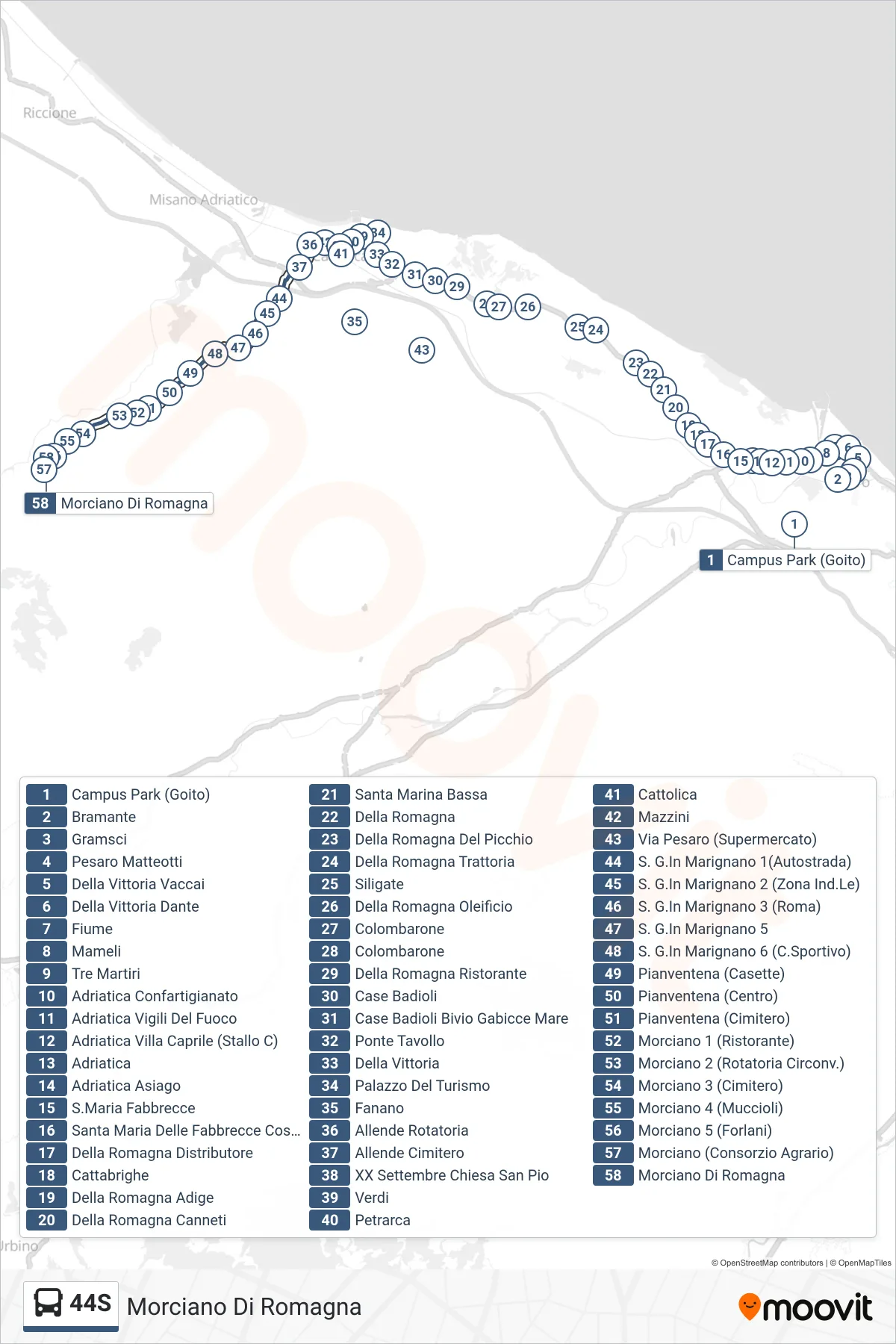 44S bus Line (Morciano Di Romagna) route and stops on a map