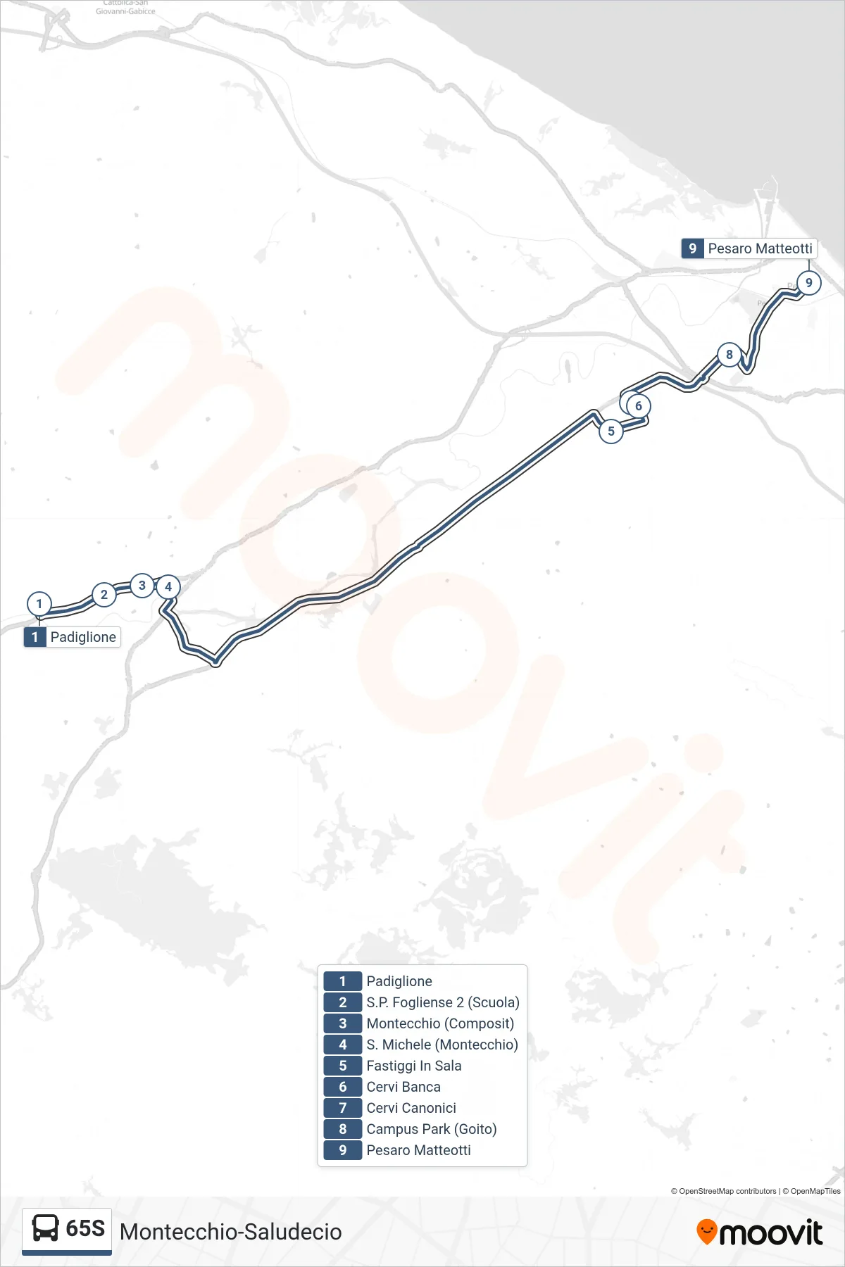 Linea 65S bus (Pesaro Matteotti) - Percorsi e fermate sulla mappa