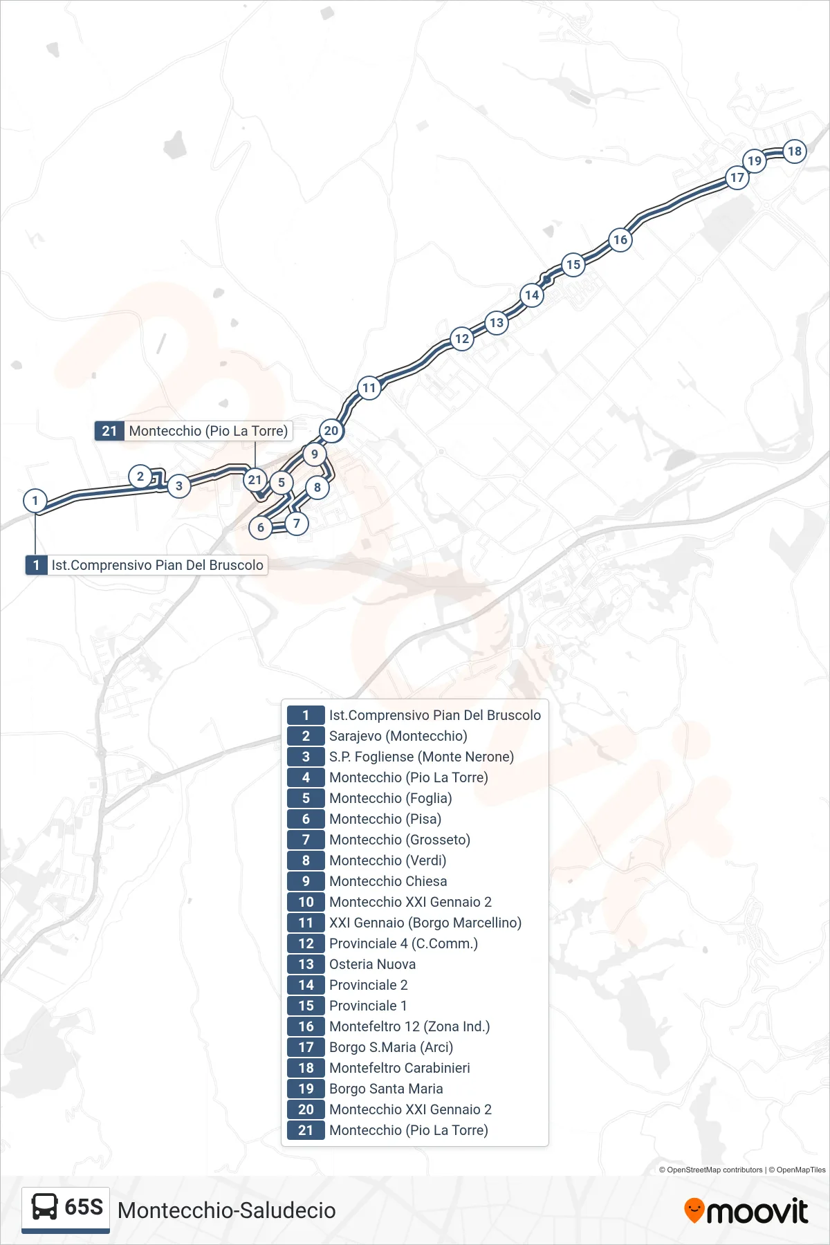 65S bus Line (Montecchio (Pio La Torre)) route and stops on a map