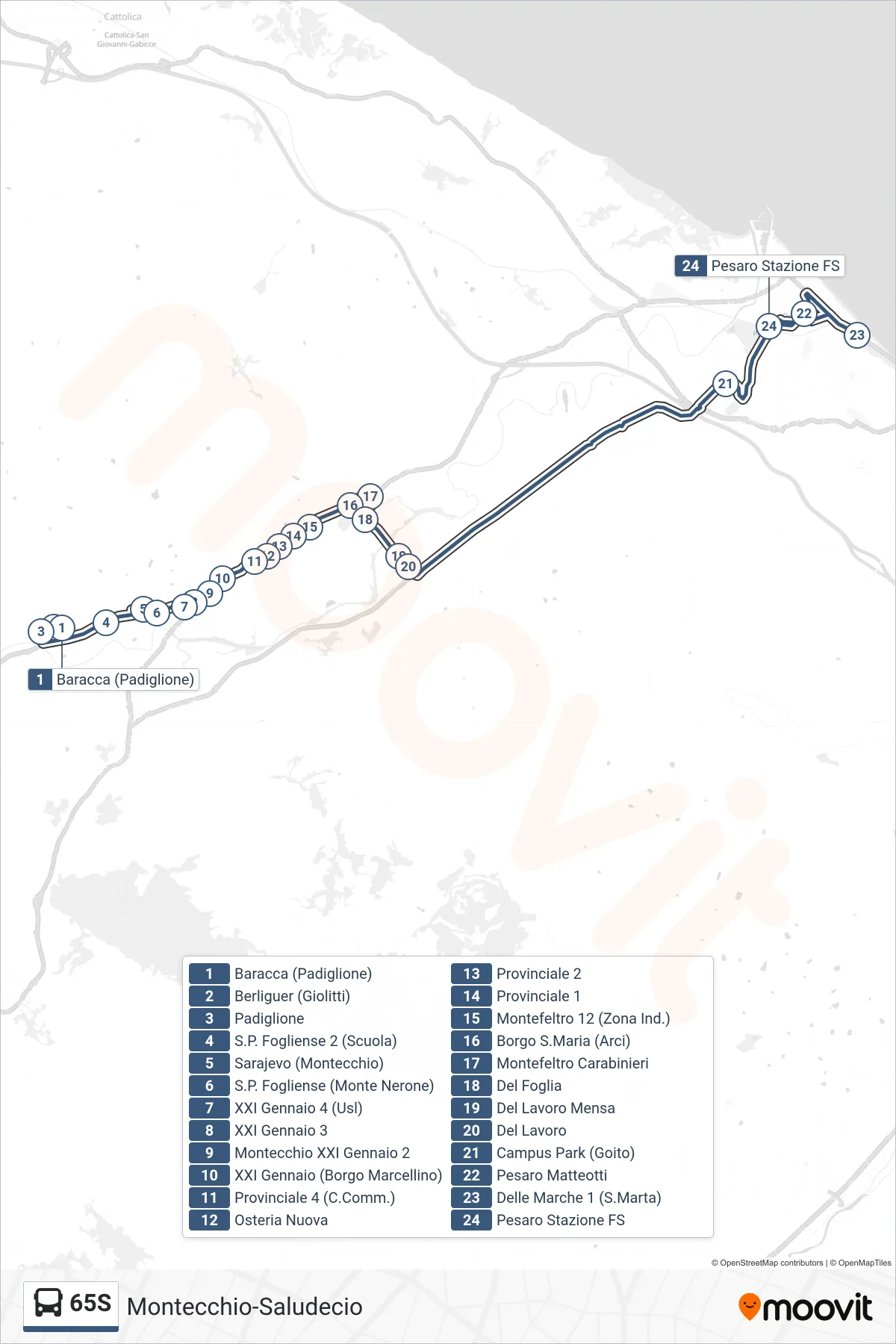Linea 65S bus (Pesaro Stazione Ff.Ss.) - Percorsi e fermate sulla mappa