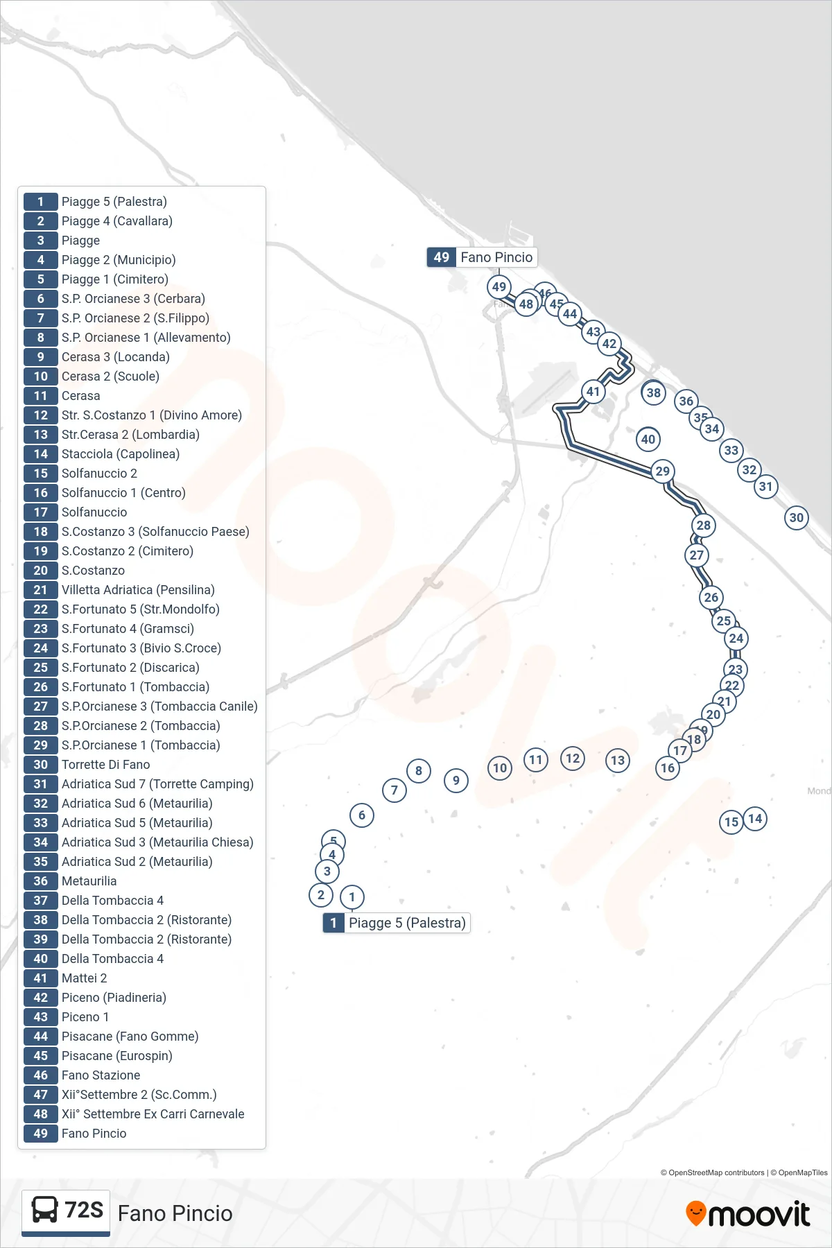 Linea 72S bus (Fano Pincio) - Percorsi e fermate sulla mappa
